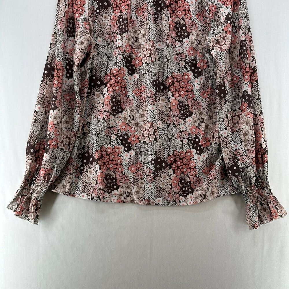 Simple Fun Top Womens Sz S Peasant Blouse Floral Tie Neck Long Sleeve Brown/Pink - Picture 4 of 11